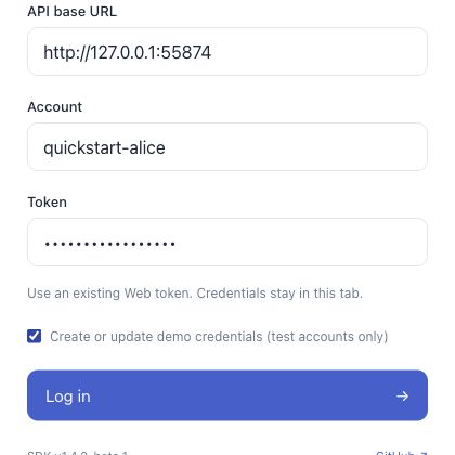 Sign-in form: 1 local API URL, 2 test UID and token, 3 create demo credentials only for a new test account. Open the full-size image.