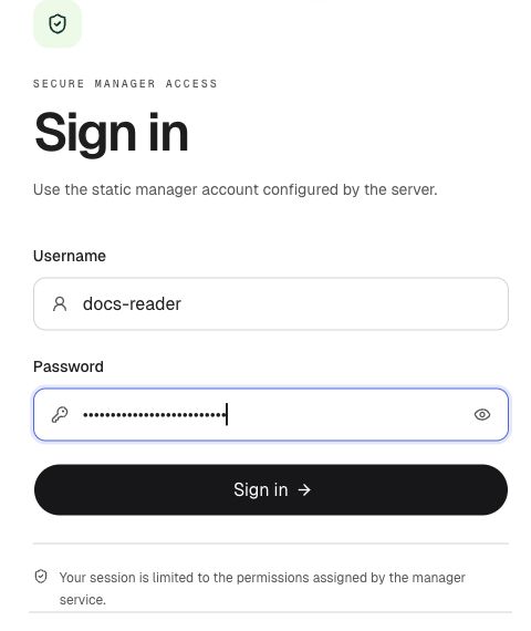English Manager sign-in form with the docs-reader test account and a masked password