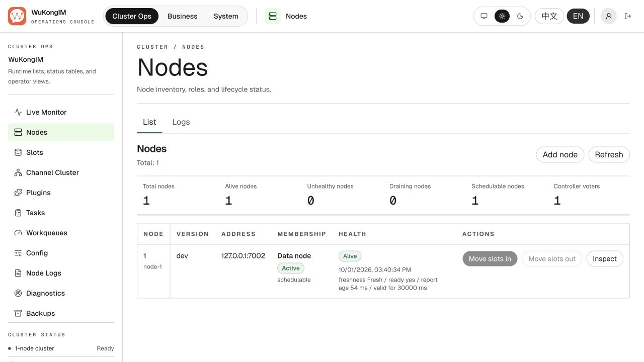 English Manager node list showing one alive node in a single-node cluster, with ready and fresh health state